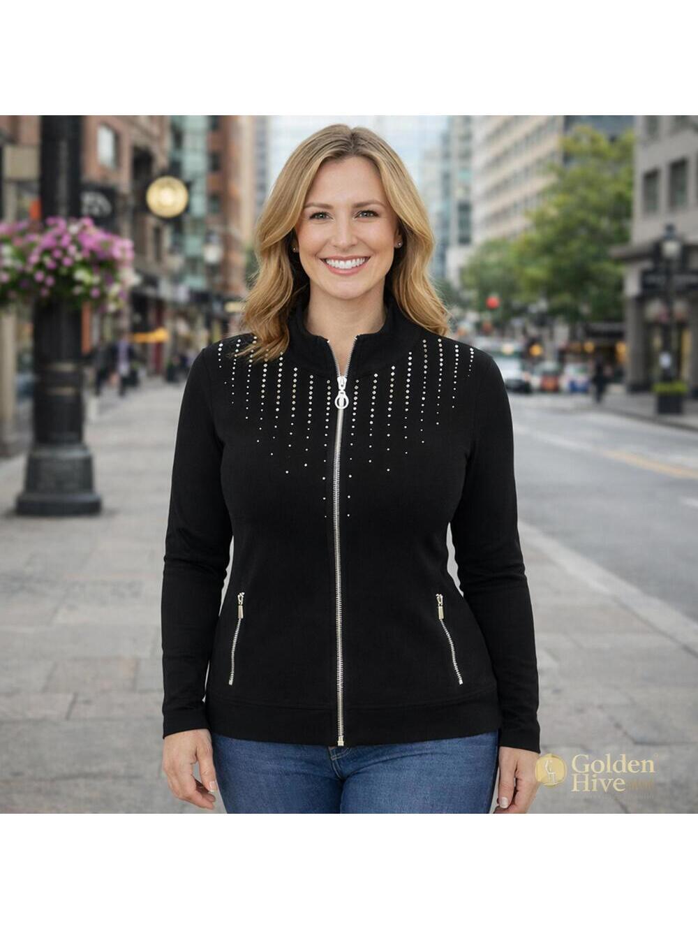 Christine Alexander Rhinestone Zip Jacket Black Stretch Blazer Size Medium